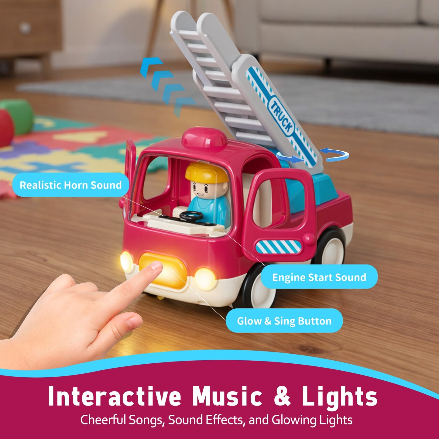 ROHSCE Baby Boy Construction Toys for 6-12 Months, Toddler Learning Toy Cars, Push and Go Friction Powered Fire Trucks with Light and Music, First Birthday Gifts for Boys