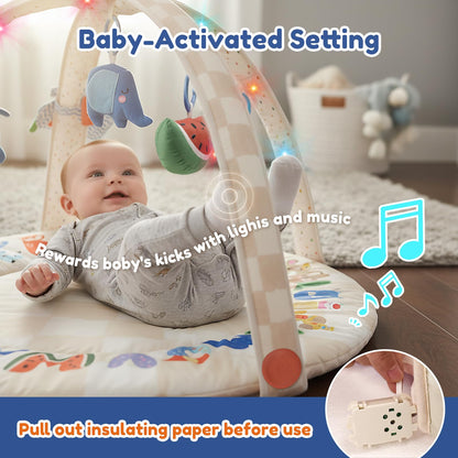 Baby Play Gym & Activity Mat with Light-up Musical Arch, Washable Tummy Time Mat with 6 Detachable Sensory Toys for Motor Skills, Baby Essentials Shower Gift - ABC123