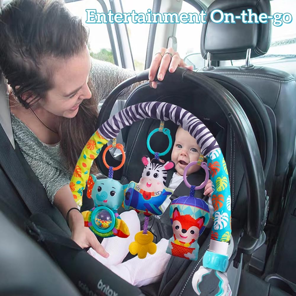 Baby Stroller Arch Mobile With Universal Clamps - Clip-On Activity Bar for Bassinet, Bouncer, Crib, Car Seat - Musical Infant Toys With Elephant Squeaker and Zebra Rattle