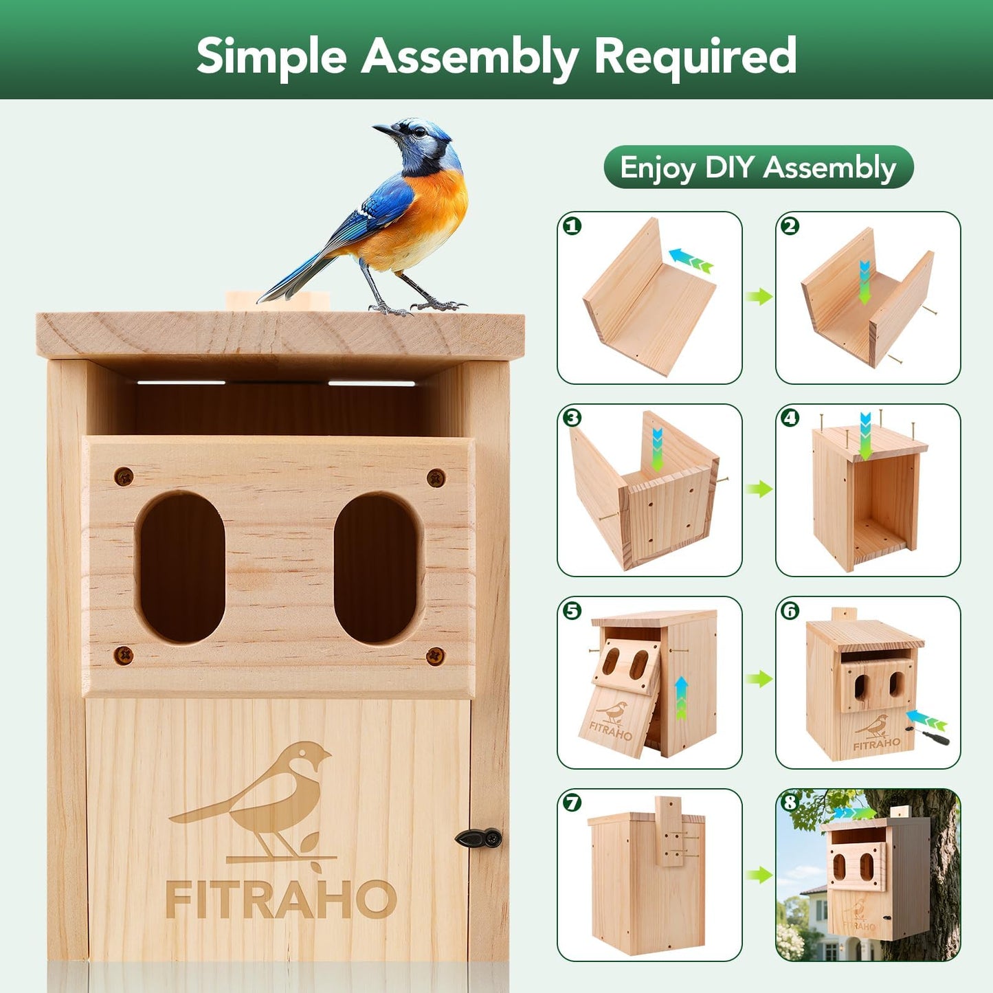 Bird Houses for Outside, Durable Birdhouse with Dual Entrances, Weatherproof & Perfect for Bluebirds, Wrens, Finches & Swallows