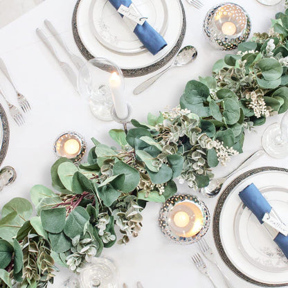 Ouddy Decor Eucalyptus Garland 6.56 Ft Lush Silver Dollar Leaves Boxwood with White Buds Artificial Faux Greenery Vines for Baby Shower Wedding Party Table Runner Room Home Mantle Decor