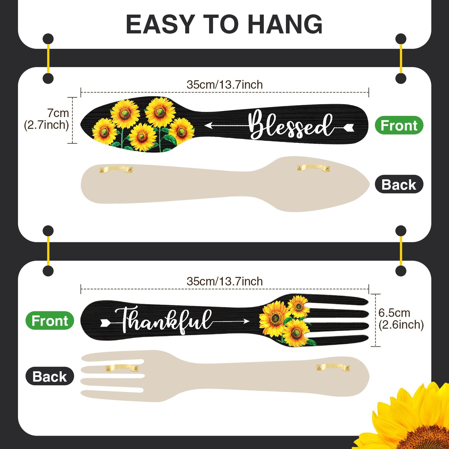 Yerliker 3 Pieces Sunflower Kitchen Decor Hello Summer Blessed Thankful Wooden Hanging Eat Signs Fork and Spoon Summer Farmhouse Wall Art Decor for Kitchen Home (Black, 13.78 x 5.12 Inch)