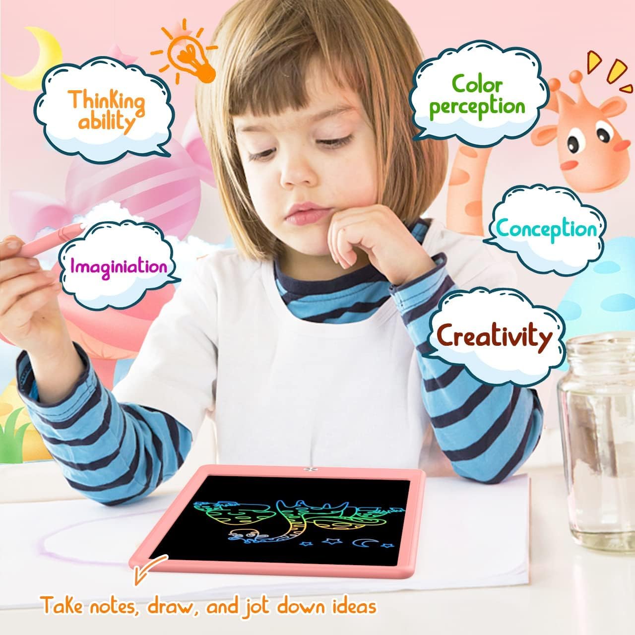 BUKEBU LCD Writing Tablet Doodle Board,10.5 inch Colorful Drawing Pad,Electronic Drawing Tablet, Drawing Pads,Travel Gifts for Kids Ages 3 4 5 6 7 8 Year Old Girls Boys (Pink)