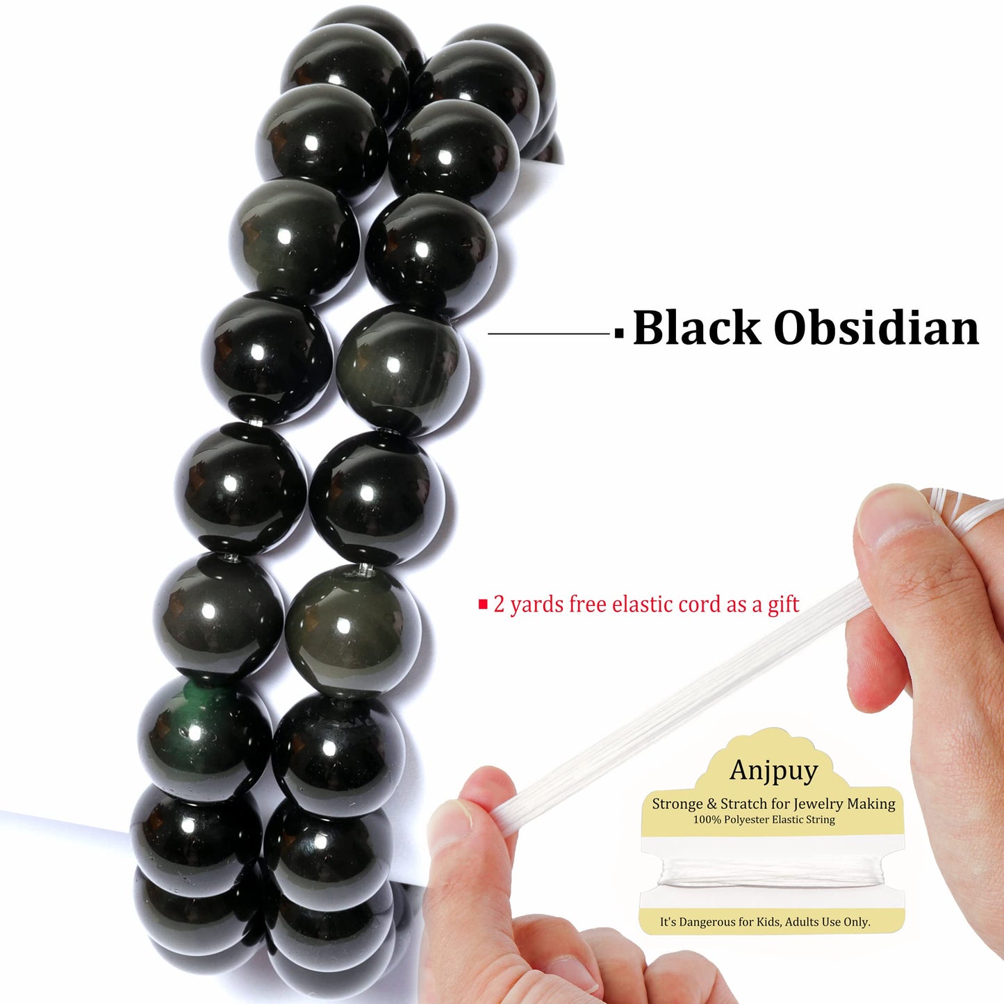 10mm Black Obsidian Round Bead - 35PCS Bulk Gemstone Beads for Jewelry Making, DIY Bracelets, Necklaces - Includes Crystal Stretch Cord - Stone Beads for Crafting Gifts