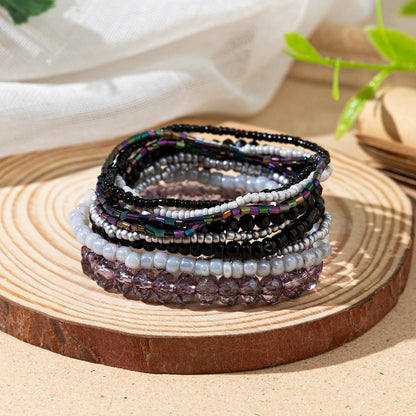 Caiyao Bohemian Multilayer Stackable Seed Beaded Bracelets Colorful Crystal Glass Beads Strand Bangle Bracelet BFF Wristbands Bracelet for Women Summer Beach Hawaii Jewelry Birthday Gifts (Black 2)