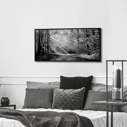 Black White Forest Wall Art - Sunset Landscape Framed Canvas Picture Woodland Painting Nature Tree Scenery Artwork Prints for Bedroom Living Room