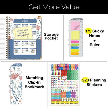 HARDCOVER Academic Year 2026-2027 Planner: 14 Months (May 2026 Through June 2027) 8.5"x 11" Daily Weekly Monthly Planner Yearly Agenda. Bookmark, Pocket Folder and Sticky Note Set (Colorful Botanicals)