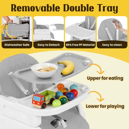 5-in-1 Baby High Chair, Convertible Booster & Play Chair, Portable Foldable Lightweight, Easy to Clean with Tray, for Babies Toddlers 6-36 Months, Gray