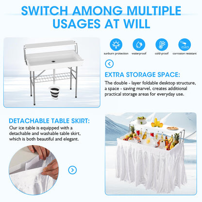 HLPB 4 FT Party Ice Cooler Folding Table with Folding Board, Outdoor ice Table with Skirt & Drain & Folded Buckets & Barbed Wire, Portable Foldable Bar Table for Party, BBQ, Camping, Picnic, White