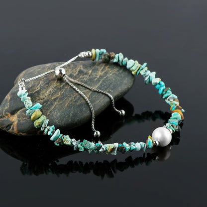 CRYSTALIS Natural Turquoise Beads Slider Bracelet with Elegant Pearl, High Grade Nuggets Crystal, Chakra Healing Gemstone, Gift Giving Women Jewelry, Silver Slider 10 inch