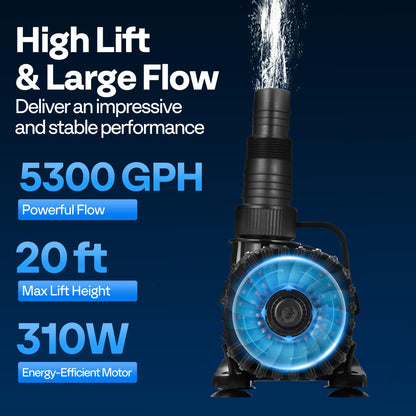 VIVOHOME 310W 5300GPH Submersible Water Pump with 180° Adjustable Water Outlet, 20ft High Lift for Waterfall Fountains Fish Tank Pond