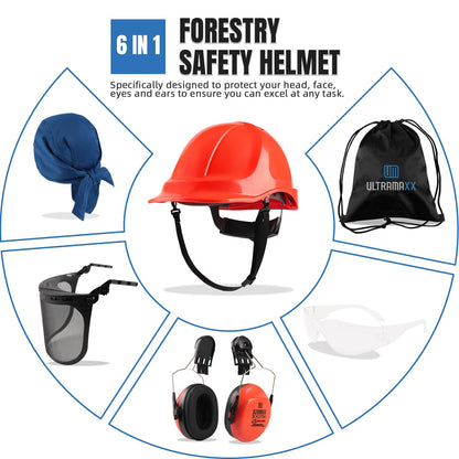 UM ULTRAMAXX 6-in-1 Chainsaw Helmet with Mesh Face Shield and Hearing Protection Ear Muffs, Forestry Safety Hard Hat Kits, ANSI Z89.1 Approved Certified Arborist Helmet, Orange