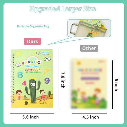 Reusable Grooved Handwriting Practice Workbooks for Kids Ages 3-8 – Magic Disappearing Ink & 3D Groove – Preschool Kindergarten Children Writing Books with Pen Grips