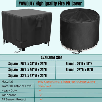 YOWDUTY Propane Fire Pit Cover Square 32 Inch, Waterproof Heavy Duty 600D Gas Fire Pit Table Cover 32 x 32 x 25 Inch, Fit 28/29/30/31/32 Inch Firepit Table, All-weather Protection For Patio