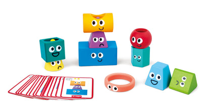 Hape Montessori Stacking Blocks - 10 Pcs Geometric Shapes & 16 Challenge Cards, Multi-Sensory STEM Toy for Toddlers 1-5, Develops Fine Motor Skills & Spatial Thinking, Silicone, Wood & Plastic
