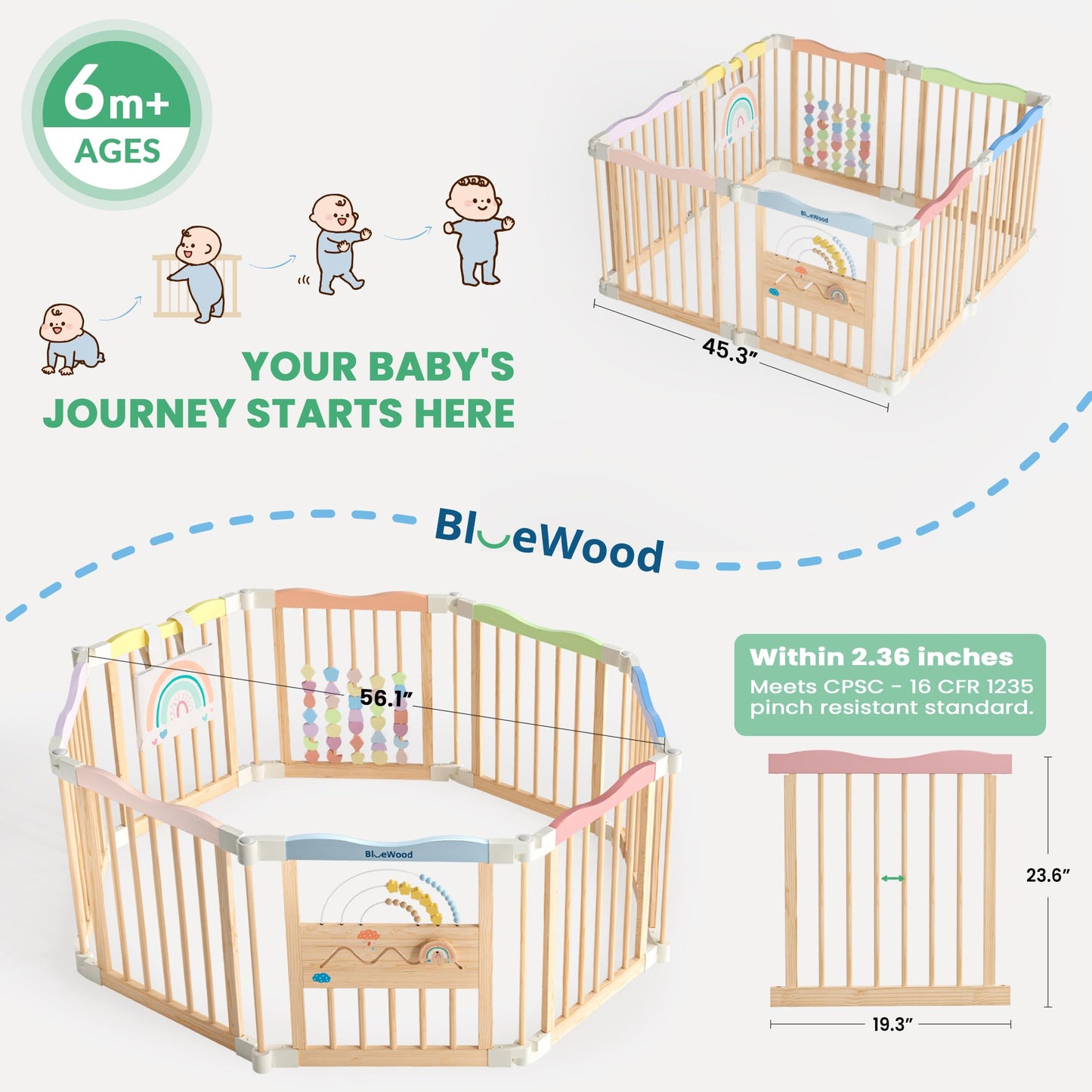 Foldable Wooden Baby Playpen - Adjustable Wood Play Yard, Indoor Large Safety Fence for Babies and Toddlers - No Door Design, 45 x 45 x 24 inches, Pastel Dream