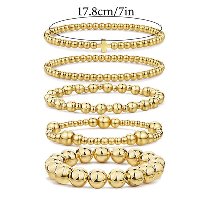 Qiuseadu Chunky Gold Beaded Stack Bracelets Beads Ball Cross Colorful Statement Bracelets Set for Women (Full Gold Statement)