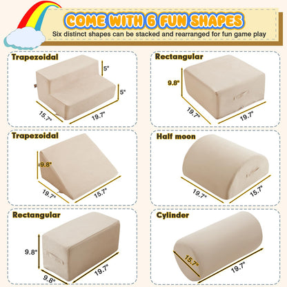 jela Kids Foam Climbing Blocks 6Pcs Soft Play Equipment Luxury Miss Fabric Toddler Climbing Toys Indoor, Lightweight Climbing Blocks for Babies, Kids, Climb and Crawl Foam Playset (Sand Beige)