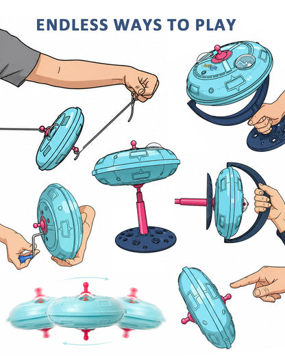 SciFiKids Vintage Wind-Up Toy – 1950s Classic UFO Spinning Gyroscope Spaceship with Aliens & Spring Rocket, Retro Mechanical Flying Saucer Toy for Kids & Collectors