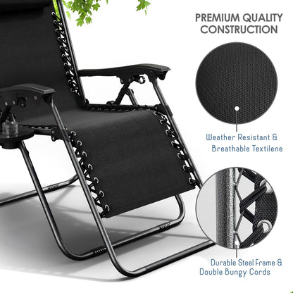 Nestl Zero Gravity Chairs, Portable Patio Lounge Chair Outdoor with Pillows & Cup Holder Trays, Adjustable Steel Mesh Reclining Camping Chair, Folding Patio Lawn Chair for Deck, Beach, Yard - Black