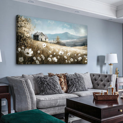 Wapluam Canvas Wall Art For Living Room Large Wall Decor For Bedroom Field Scenery Watercolour Flowers Wall Paintings Office Decorations Old House Pictures Artwork Home Decor Ready To Hang 48L x 24W