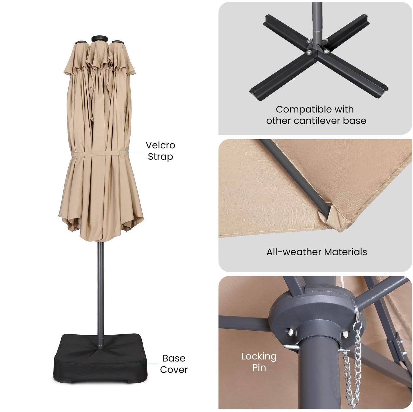 Home Zone Living 15x9 Ft Double Head Patio Umbrella with Base, 36 LED Lights, Sand Bags, UV Resistant & Waterproof, 213 LBS Total Weight, Beige Tan