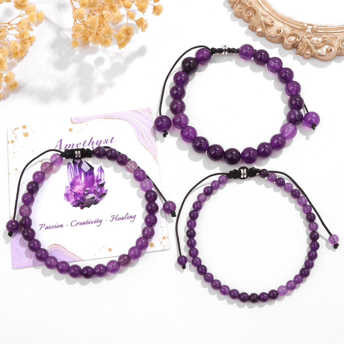 Pendlixy 4MM Beaded Bracelet Handmade Adjustable Natural Amethyst Stone Crystal Bracelet Amethyst Healing Inspirational Gifts for Women Men