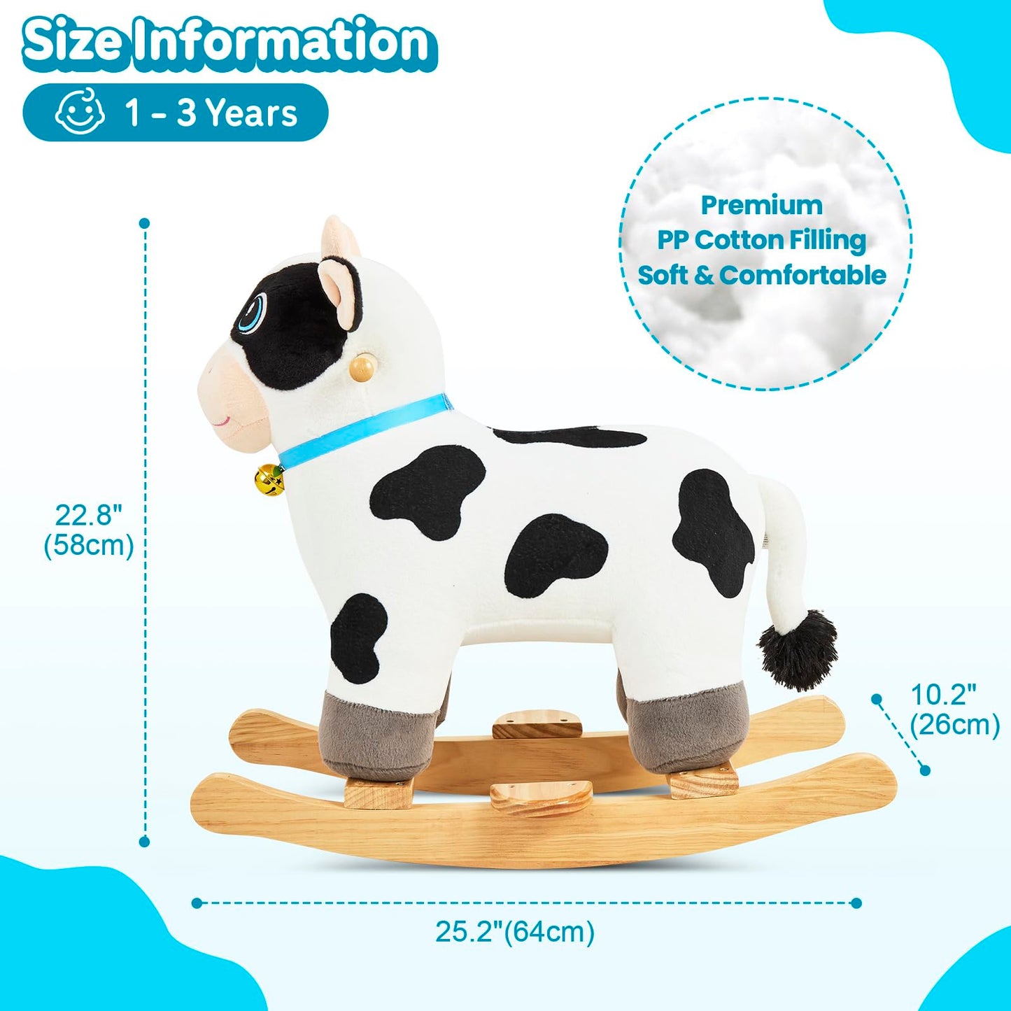 FUNLIO Cow Rocking Horse Ages 1-3, Adorable Baby Rocking Horse with Cuddly Head, Bright Sparkling Eyes & Jingling Bell, Stuffed Plush Ride-on Baby Rocker, Easy to Assemble, CPC & CE Certified