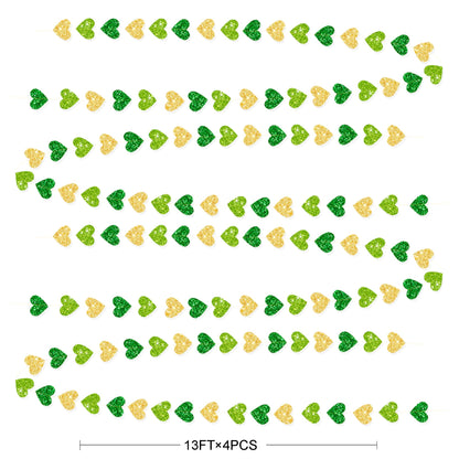 Gold and Green Heart Party Decorations Glitter Paper Love Heart Hanging Banner Streamer Garland for Birthday Wedding Valentines Day Spring Master Golf St Patrick's Day Christmas Holiday Party Supplies
