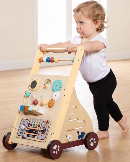 Wooden Baby Push Walker with Musical Activity Busy Board – 2-in-1 Montessori Learning Toy with Adjustable Speed, Bead Maze, Shape Sorter & Gear Wheels | Walk & Play Toy for Toddlers 9 –18 Months