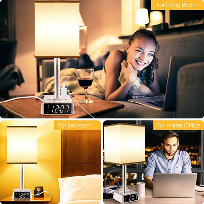 Yostyle Table Lamp Bedside Lamp with 4 USB Ports and AC Power Outlets, Alarm Clock Base w/ 5Ft Extension Cord, Square Oatmeal Fabric Lampshade Modern Accent Nightstand Lamps for Bedrooms Living Room