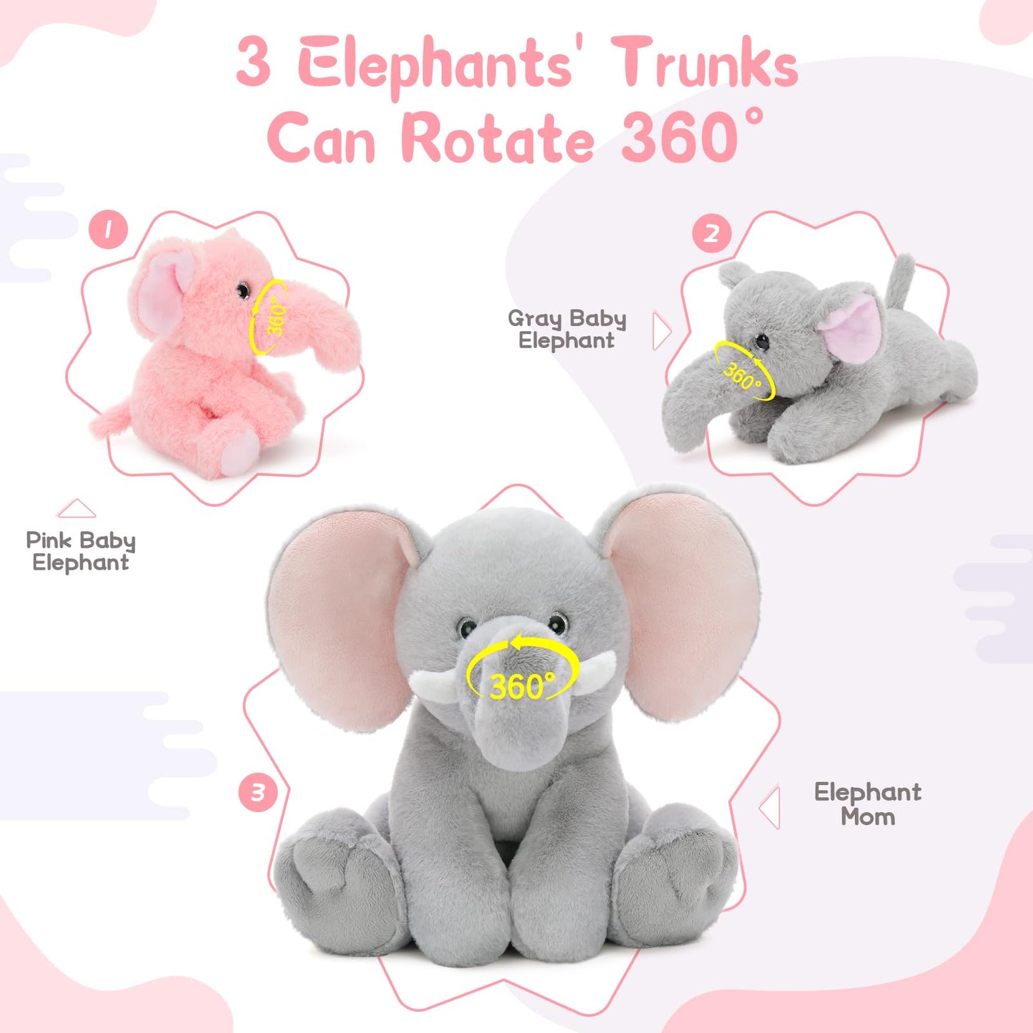 MorisMos Elephant Stuffed Animal with Rotating Trunk, 1 Mommy Elephant with 4 Babies Soft Plush Toys for Girls Boys Kids, Cute Elephant Plushie Gift for Birthday Christmas