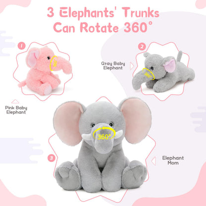 MorisMos Elephant Stuffed Animal with Rotating Trunk, 1 Mommy Elephant with 4 Babies Soft Plush Toys for Girls Boys Kids, Cute Elephant Plushie Gift for Birthday Christmas