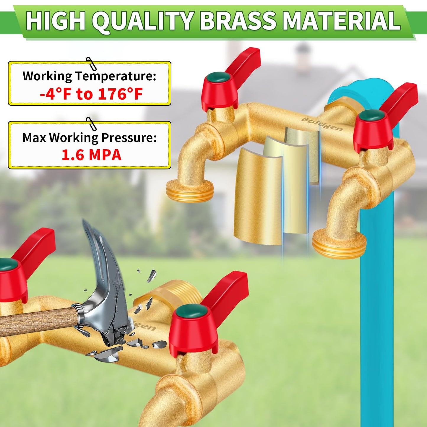Boltigen 3 Way Water Hose Valve Splitter, Brass High Flow Garden Hose Faucet, 3/4 NPT Inlet to 3/4 GHT Outlet Garden Hose Manifold, Three Way Water Outdoor Splitter with Shut Off, Gold