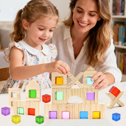 kuchisity Wooden Building Blocks Set for Kids, 60 PCS Rainbow Acrylic Gem Cubes Stacking Blocks, Montessori Stacking Toy for Toddlers Educational Toy Early Learning Gifts for Boys Girls 3-6 (60)
