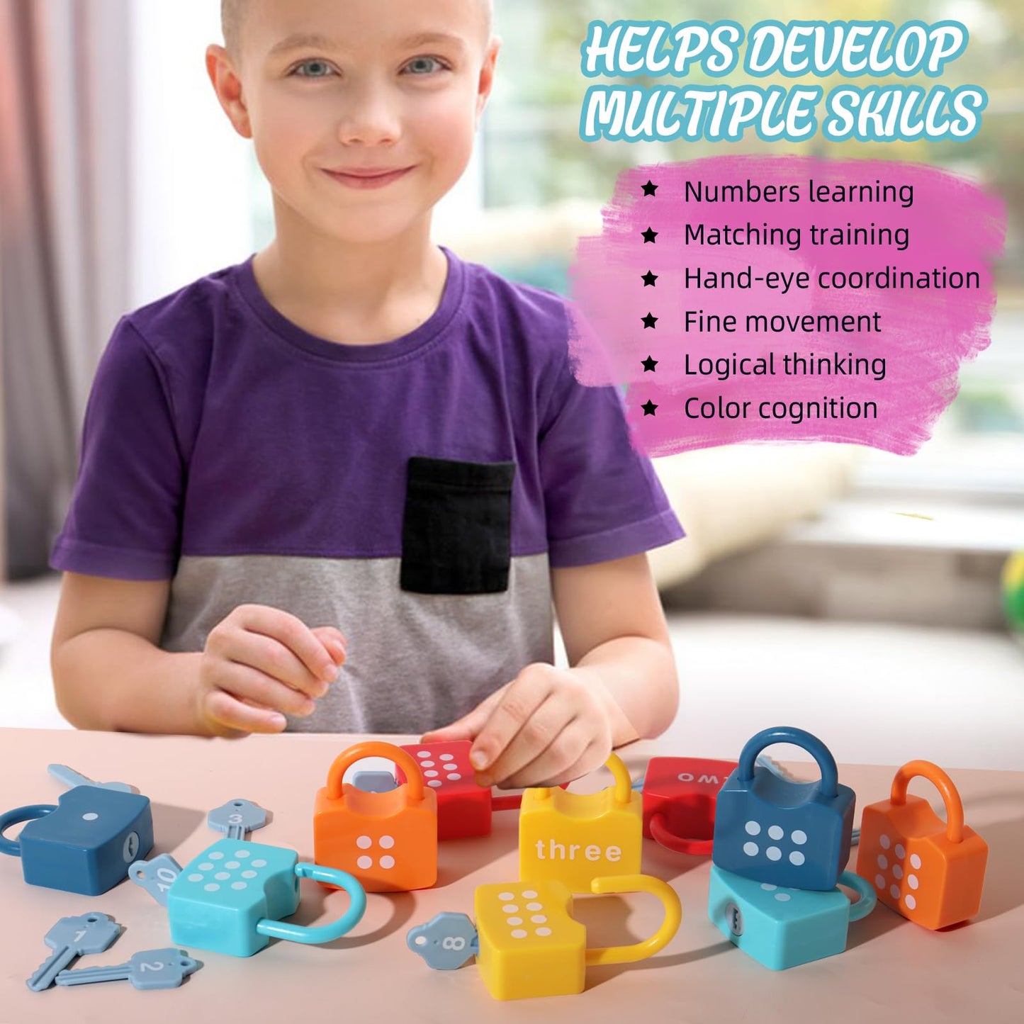 Dinhon Kids Learning Locks with Keys Numbers Matching & Counting Montessori Educational Toys for Ages 3 4 5 Boys and Girls Preschool Games Gifts