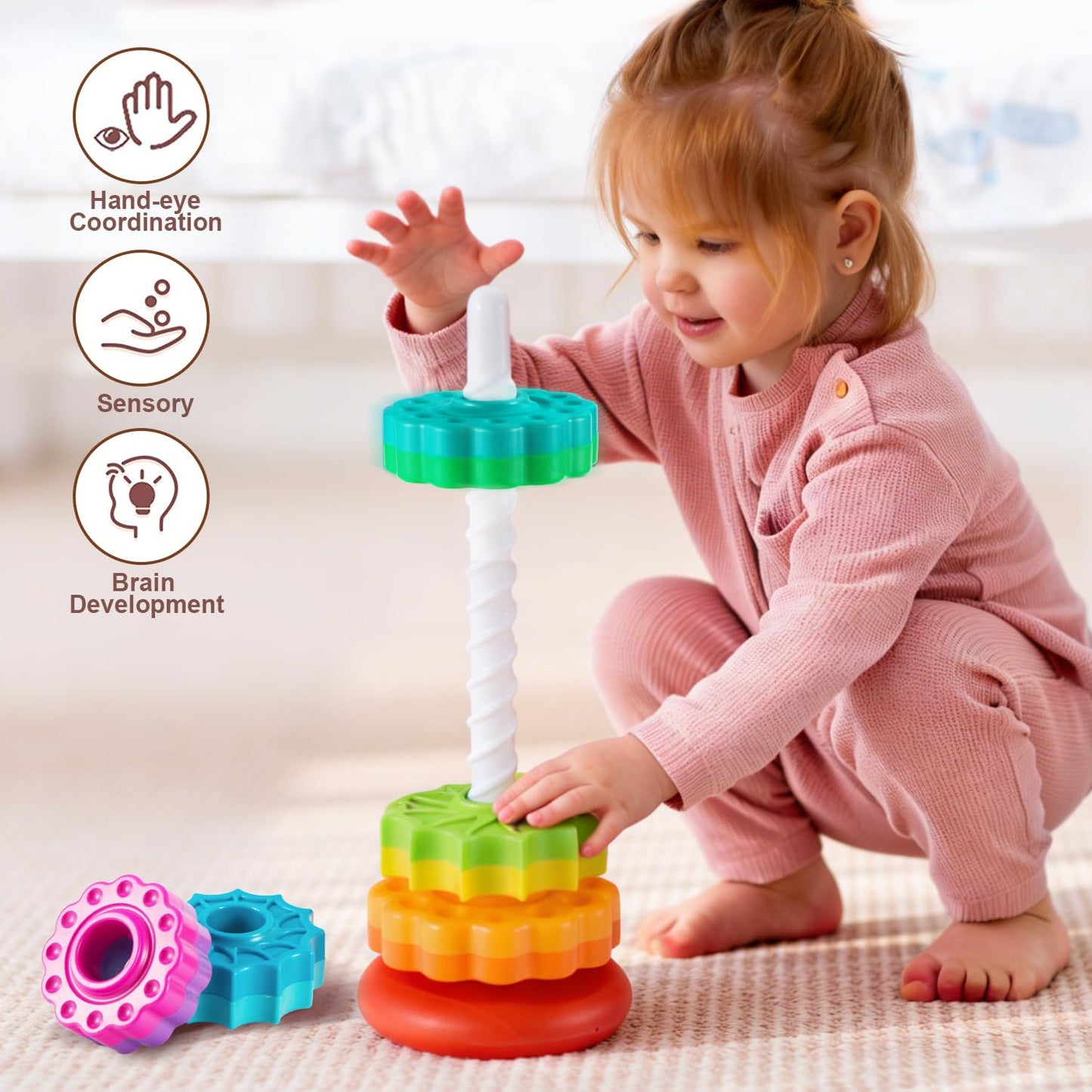 Eivaai Baby Spinning Stacking Toys Sensory Toys for Toddlers 1-3, Rainbow Ring Spin Montessori Toys for Babies 6-12 Months, Autism Learning Toy for 1 2 3 One Year Old Girl Boy Christmas Birthday Gifts