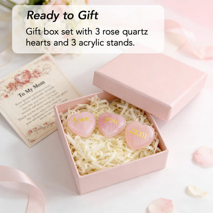 Rose Quartz Heart Gift for Mom, Love You Mom Crystal Keepsake with Acrylic Stand, Mom Birthday Gift from Daughter Son, Mothers Day Desk Decor, Thank You Mom Gift with Card and Box (Gold)