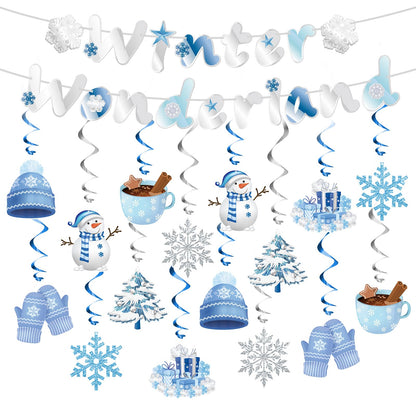 WEEPA 18 Pcs Winter Wonderland Decorations Snowman Snowflake Hanging Swirls Winter Party Banner Set Blue Silver Christmas Decorations