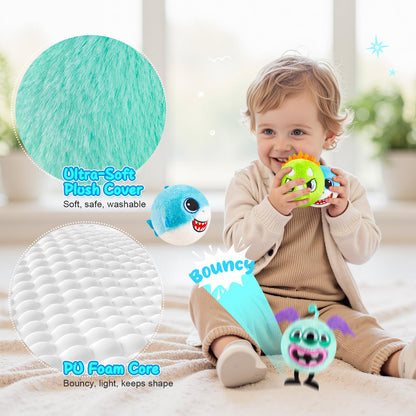 ZOOJOY 3 Pcs Plush Bouncy Balls for Toddlers 1-3, 3-Inch High Bounce Sensory Toys Featuring Dinosaur, Shark & Monster, Soft Game Balls Gift for Boys 6 Months+, Indoor & Outdoor Play