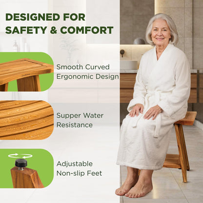 GREENTEAK Premium 18" Teak Wood Shower Bench, Waterproof Teak Shower Stool, Non-Slip Feet for Enhanced Safety, Spa Bath Seat for Bathroom, Indoor & Outdoor Use, 300 lb (Upgrade 18" 2-Tier, Straight)