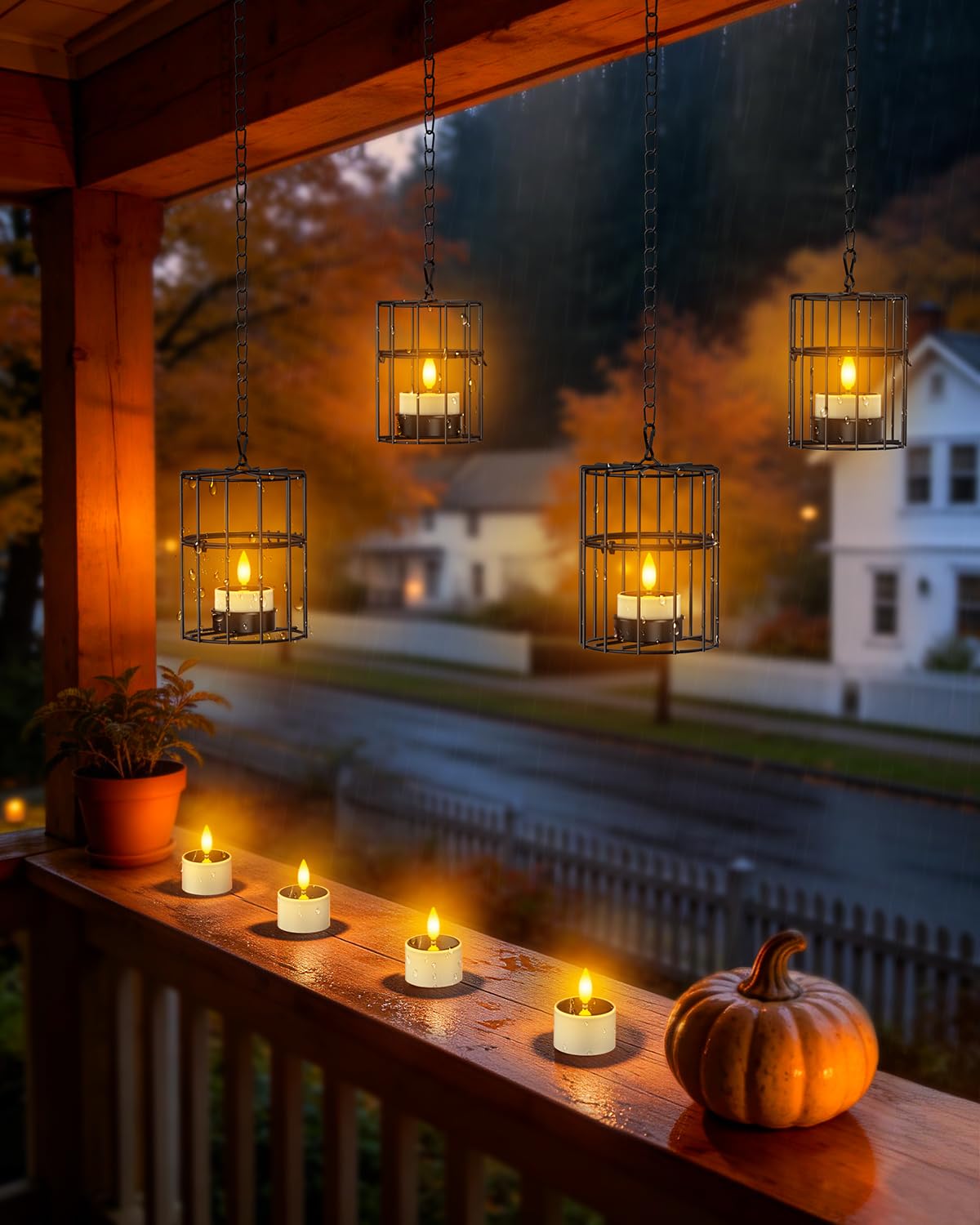 Yme Solar Hanging Lanterns Outdoor Waterproof, 2 Large 2 Small Hanging Candle Holders - 4PCS Flickering Flameless LED Solar Tea Lights, Outdoor Decor for Patio Garden Backyard Tree Fence Pergola