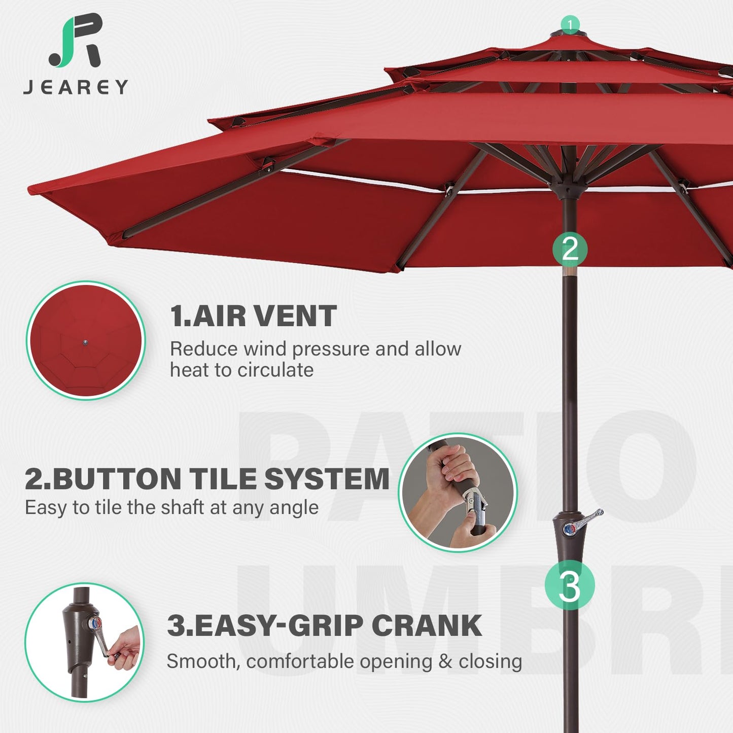 JEAREY 9FT 3 Tier Patio Umbrella Outdoor Market Umbrella Table Umbrellas with 8 Ribs 1.5 Pole Push Button Tilt and Crank UV Protection for Garden,Red