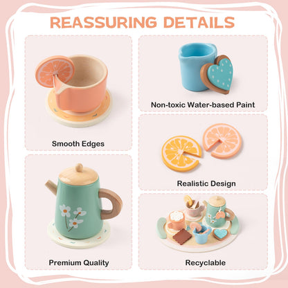 KDSFT Tea Party Set for Little Girls, Wooden Kids Tea Set with Teapot Cups Coasters Carrying Dessert, Picnic Outdoor Toys Pretend Play Kitchen Accessories for 3 4 5 Years Old