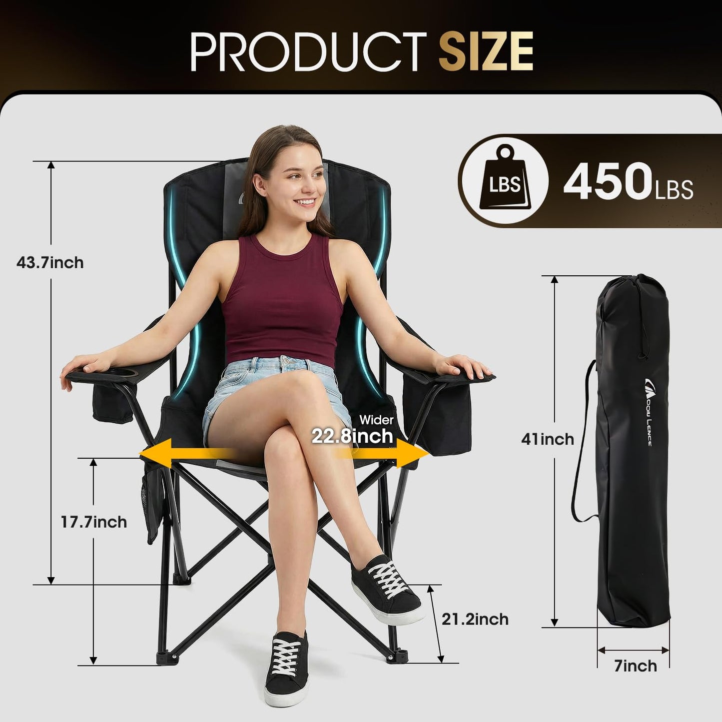 MOON LENCE Heavy Duty Camping Chair, 450LBS Capacity Folding Chair with Cup Holder & Cooler Bag, Portable Outdoor Chair for Camping, Backyard, RV and Beach, 1 Pack