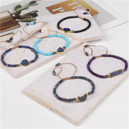 QLYOVWE Natural Healing Crystal Bracelet for Women Men Handmade Chakra Crystal Therapy Jewelry Iridescent Druzy Stone with Turquoise Amethyst Adjustable Surfer String Gift (Moon)