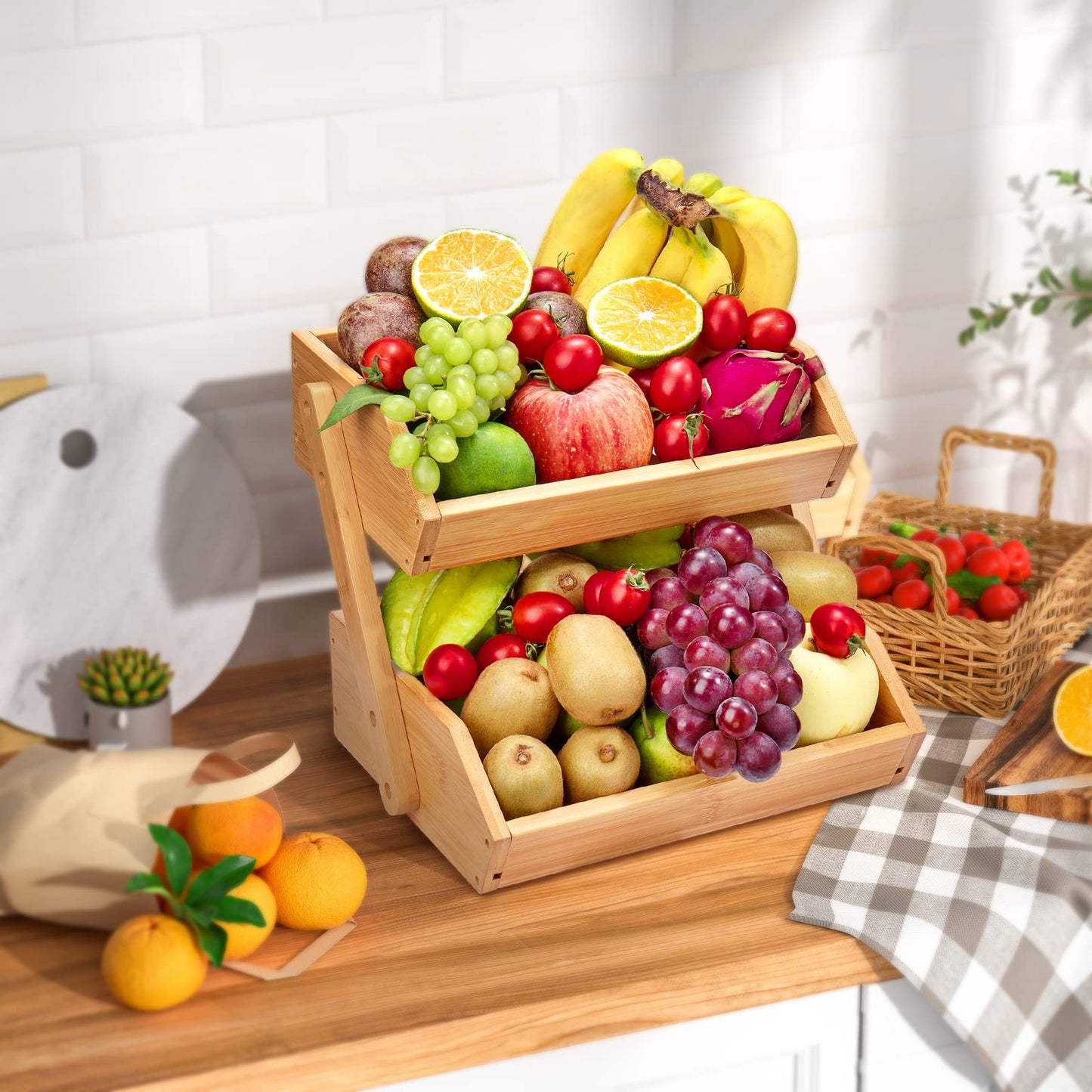 G.a HOMEFAVOR Large Bamboo Fruit Basket, 2-Tier Fruit Bowl for Kitchen Counter, Vegetable Storage Stand for Fruit Shop, 15 mm Thickness (Self-assembly)