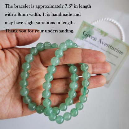 Handmade Natural Gemstone Elastic Bracelet - Healing Crystal Beads Jewelry, Unisex (Green Aventurine, 8mm)