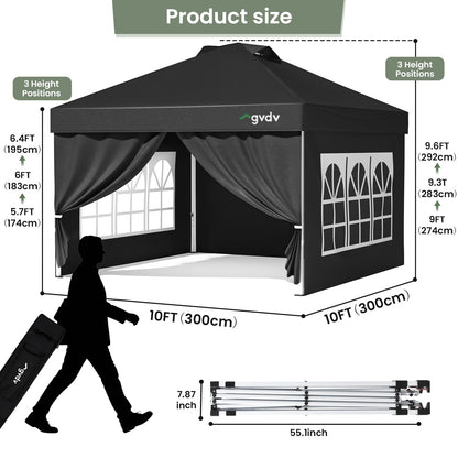 GVDV 10x10 Pop Up Canopy Tent with 4 Sidewalls, Beach Tent with One Push Setup, Outdoor Sun Shade for Events, Parties, Camping - Gazebo with Wheelbag, Black, CP23 B