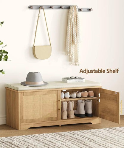 Zeibospri Rattan Shoe Storage Bench with Cushion, 39.4" Wide Entryway Bench with Adjustable Shelf, Hidden Shoe Organizer Cabinet, for Hallway, Living Room, Bedroom, Natural Oak